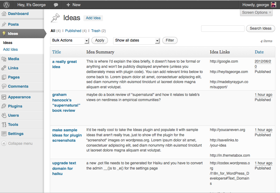 View all your blog ideas in one place with "Ideas" WordPress plugin