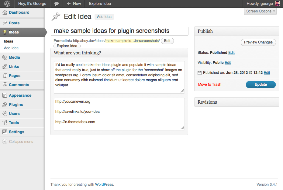 Saving An Idea For Later with "Ideas" WordPress plugin